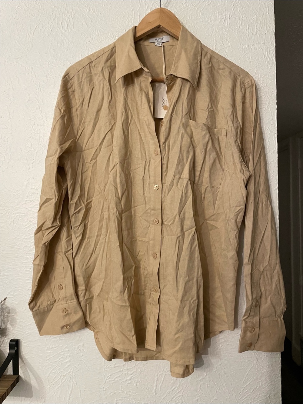 NWT Riot Swim Linen Blend Beige Button-Up Top
